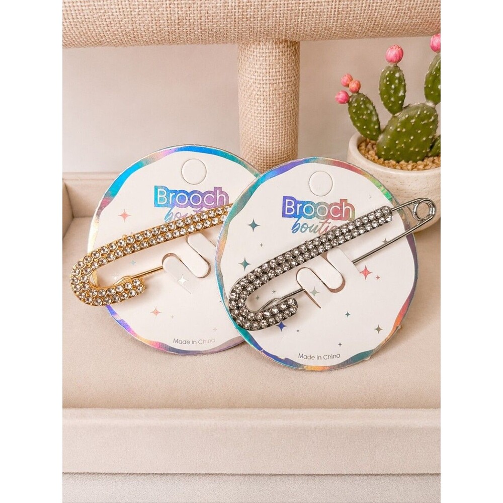 Women's 2PC Sparkly Rhinestone Safety Pin Brooch Set – Gold & Silver